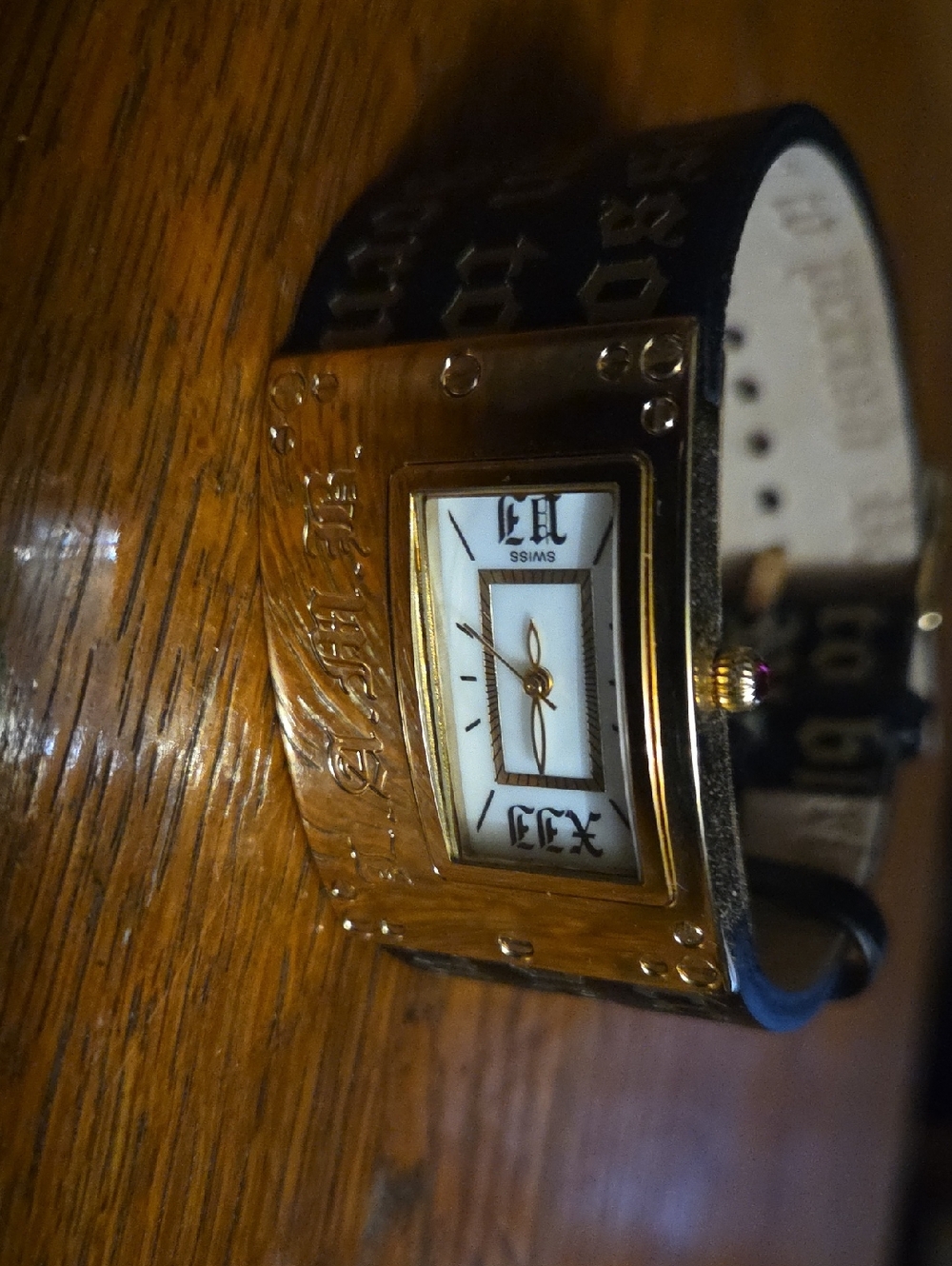 L.A.M.B. Gold-Tone Rectangular Dial Women's Watch with Black Band